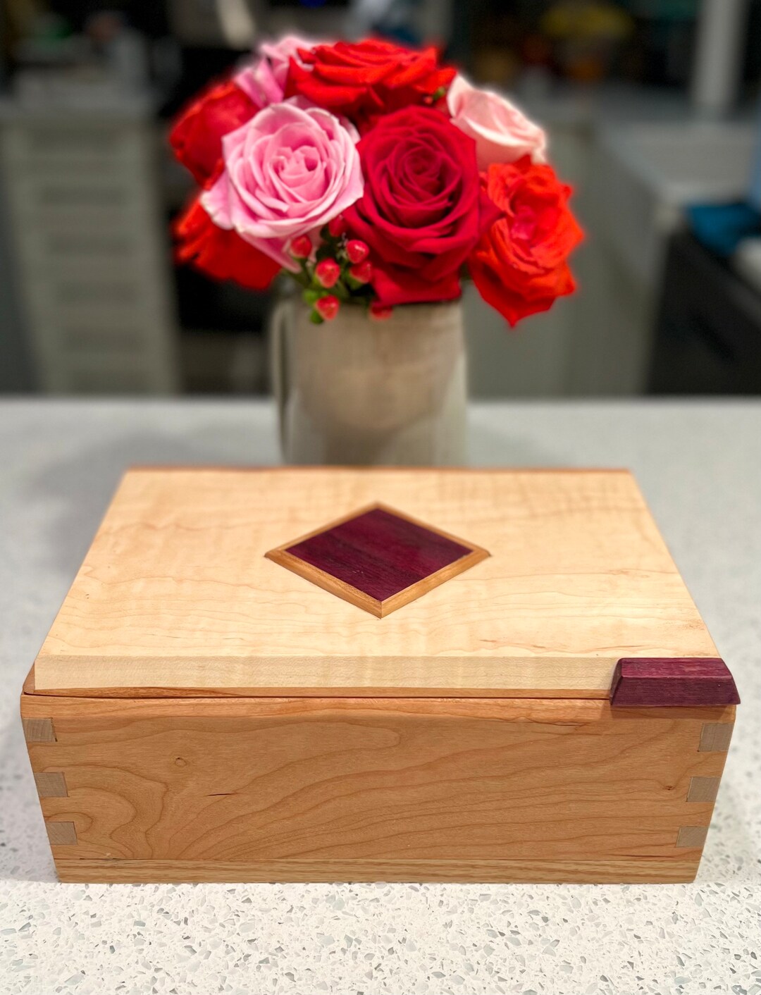 Stunning Handmade Keepsake Box With Curly Maple, Cherry and Purpleheart
