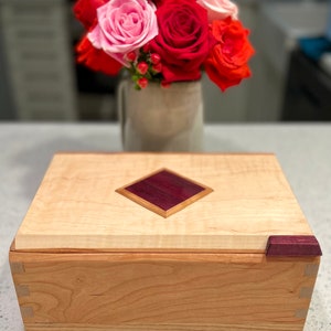 Stunning handmade keepsake box jewelry box with curly maple, cherry and purpleheart wood