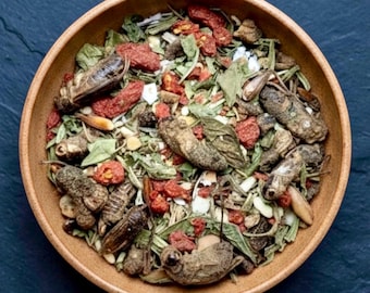 May include: A round, tan ceramic bowl filled with a mixture of dried insects, green herbs, red berries, and white nut pieces. The insects are brown and segmented, interspersed throughout the dry botanical blend within the bowl's interior.