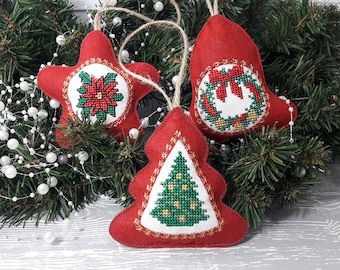 ITH Felt and fabric Christmas Toys with cross stitch embroidery Bell, Christmas Tree, and Star Machine Embroidery Design for 4x4 hoop