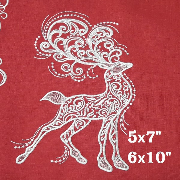 機械刺繍デザイン クリスマスオーナメント カールしたトナカイ 即時ダウンロード 2サイズ
