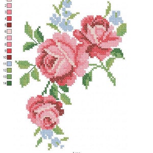 May include: Cross stitch pattern featuring a bouquet of pink roses with green leaves and blue flowers. The pattern is 127.8 mm by 174.6 mm and uses 9 different colors.