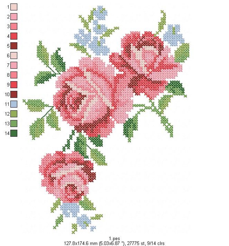 May include: Cross stitch pattern featuring a bouquet of pink roses with green leaves and blue flowers. The pattern is 127.8 mm by 174.6 mm and uses 9 different colors.