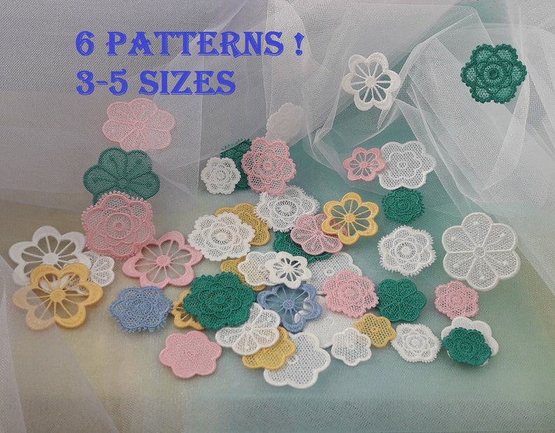 May include: Assortment of six different patterns of delicate lace flower appliques in various sizes. The appliques are in shades of white, pink, yellow, blue, and green. The text "6 PATTERNS! 3-5 SIZES" is visible in the image.