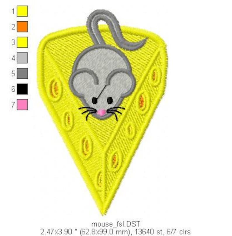 Free Standing Lace Instant Download Machine Embroidery Design 4\u04454 hoop FSL mouse on a piece of cheese
