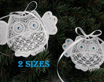 FSL Owl Ornament - Free Standing Lace Instant Download Machine Embroidery Design 2 tamaños