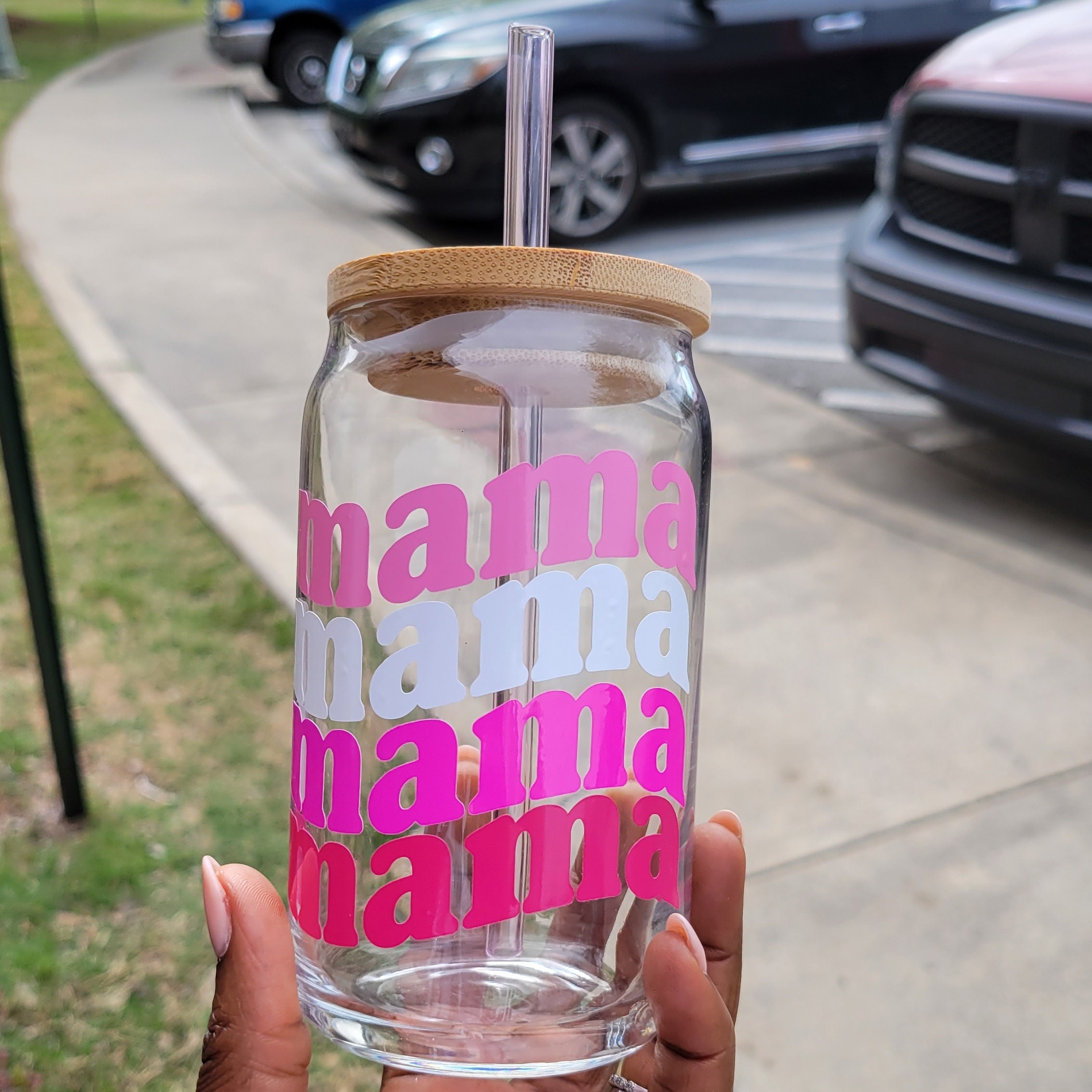 Mountain Mama Glass Tumbler with Bamboo Lid & Straw