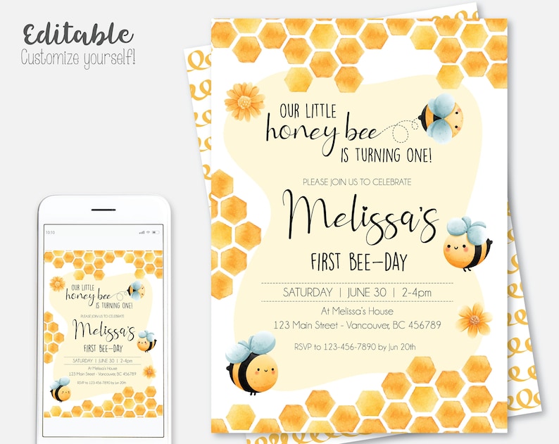 Honey Bee Birthday Invitation DIGITAL BeeDay Party Personalized Invite Editable and Printable File Download A121