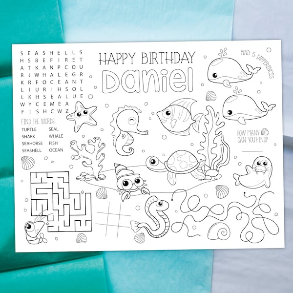 Sea Life Coloring Placemat DIGITAL | Underwater Birthday Party Sheet | Kids Coloring Page | EDITABLE Printable File Download