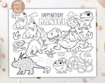 Dinosaur Coloring Placemat DIGITAL | Jurassic Party Table Activity | Kids Coloring Page | EDITABLE Printable File Download