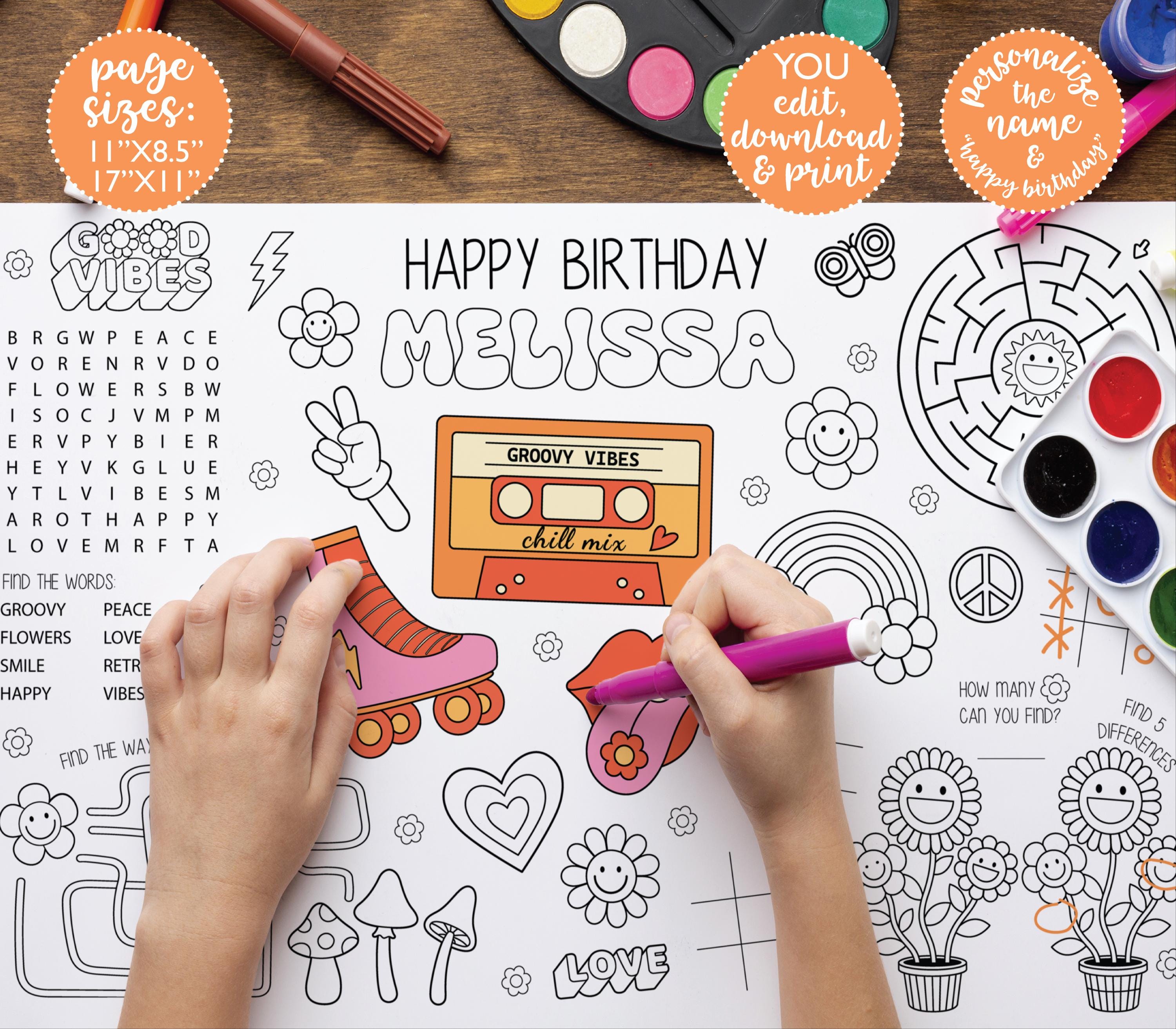 Groovy Coloring Placemat DIGITAL | Retro Vintage Party Activity Sheet ...