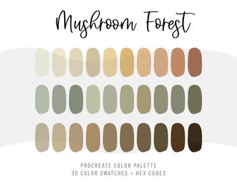 Paleta de colores Procreate Mushroom Forest / iPad: Conjunto de 30 muestras de color / Códigos hexadecimales / Archivo ASE de Adobe Illustrator y Photoshop
