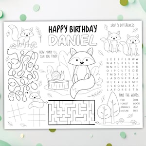 Woodland Fox Coloring Placemat DIGITAL | Autumn Party Activity | Kids Coloring Page | EDITABLE Printable File Download