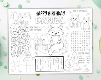 Woodland Fox Coloring Placemat DIGITAL | Autumn Party Activity | Kids Coloring Page | EDITABLE Printable File Download