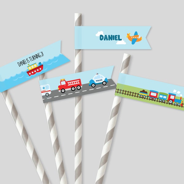 Transportation Birthday Straw Flags DIGITAL | Transport Party Paper Straw Label | Vehicles Printable File | EDITABLE Instant Download A112