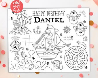 Pirate Coloring Placemat DIGITAL | Pirate Ship Party Activity Sheet | Kids Coloring Page Printable File | EDITABLE Printable File Download