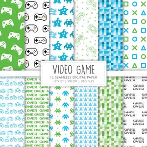 Videospiel Seamless Digital Paper |  Grün und Blau Gamer Hintergrundmuster | Scrapbook Seiten | Druckbare Datei | Sofortdownload A127