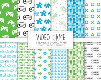 Video Game Seamless Digital Paper |  Green and Blue Gamer Background Pattern | Scrapbook Pages | Printable File | Instant Download A127