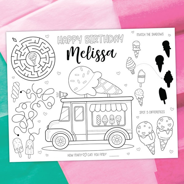 Ice Cream Truck Coloring Placemat DIGITAL | Party Activity | Kids Coloring Page | EDITABLE Printable File Download A103
