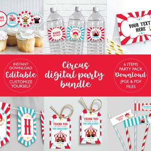 Circus Birthday Party Kit DIGITAL | Carnival Party Bundle Set | Personalized Party Pack | EDITABLE Printable File Download A102