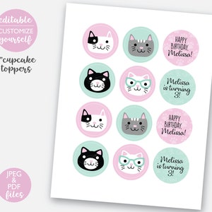 Kitten Birthday Cupcake Toppers DIGITAL Cat Party Decoration Kitty Printable File EDITABLE Instant Download A101 image 2