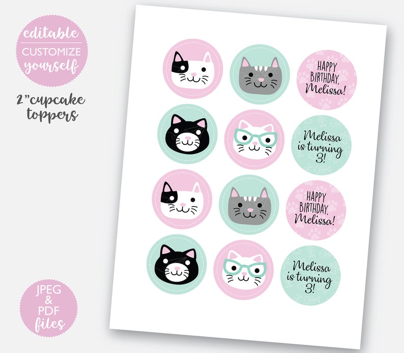 Kitten Birthday Cupcake Toppers DIGITAL Cat Party Decoration Kitty Printable File EDITABLE Instant Download A101 image 2