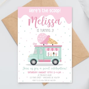 Invito di compleanno per camioncino dei gelati DIGITALE / Festa in gelateria / Invito personalizzato / File modificabile e stampabile Scarica A103