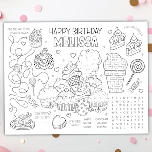 Süßigkeiten Tischset DIGITAL Ausmalen | Eiscreme-Party-Tätigkeitsblatt | Süßigkeiten Kinder Malseite | EDITIERBARE druckbare Datei zum Download