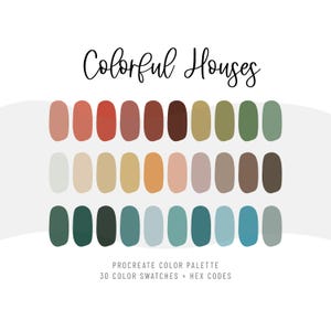 Könnte beinhalten: Eine digitale Farbpalette mit dem Titel "Colorful Houses" mit 30 Farbfeldern in verschiedenen Braun-, Rot-, Grün- und Blautönen. Der Text darunter lautet "Procreate Color Palette 30 Color Swatches + Hex Codes."