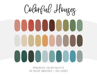 Paleta de colores Procreate Casas coloridas / Conjunto de 30 muestras de color para iPad / Códigos hexadecimales / Archivo ASE de Adobe Illustrator Photoshop