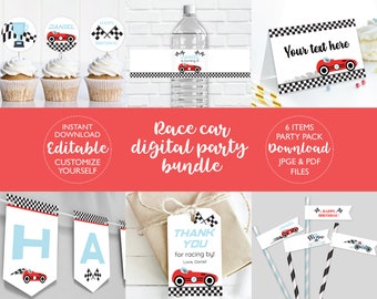 May include: A digital party pack for a race car themed birthday party. The pack includes 6 printable items: cupcake toppers, water bottle labels, favor tags, banner, straws, and table cards. The items are in red, black, and white with a checkered pattern and a cartoon race car.