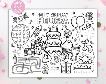 Birthday Coloring Placemat DIGITAL | Happy Birthday Party Activity Sheet | Kids Coloring Page | EDITABLE Printable File Download