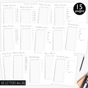 Peut inclure: Un ensemble de 15 pages imprimables avec différents trackers pour le suivi des habitudes, notamment un tracker météo, un tracker d'eau, un tracker de forme, un tracker de lecture, un tracker de pas, un tracker de rêves, un tracker de santé, un tracker de période, un tracker de sommeil, un tracker d'humeur, un tracker d'évaluation de la journée, un tracker d'année en pixels et un tracker d'anxiété. Chaque tracker a une disposition en grille avec des cases à cocher et des espaces pour des notes.