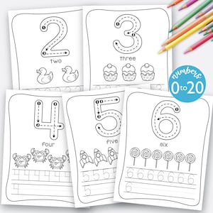 May include: Black and white printable worksheets for tracing numbers 2 through 6. Each worksheet features a number with arrows showing the tracing order, the number word, and a picture of the corresponding number of objects. The worksheets also include lines for practicing writing the number.