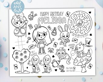 Alice In Wonderland Coloring Placemat DIGITAL | Table Mat Activity | Kids Coloring Page | EDITABLE Printable File Download