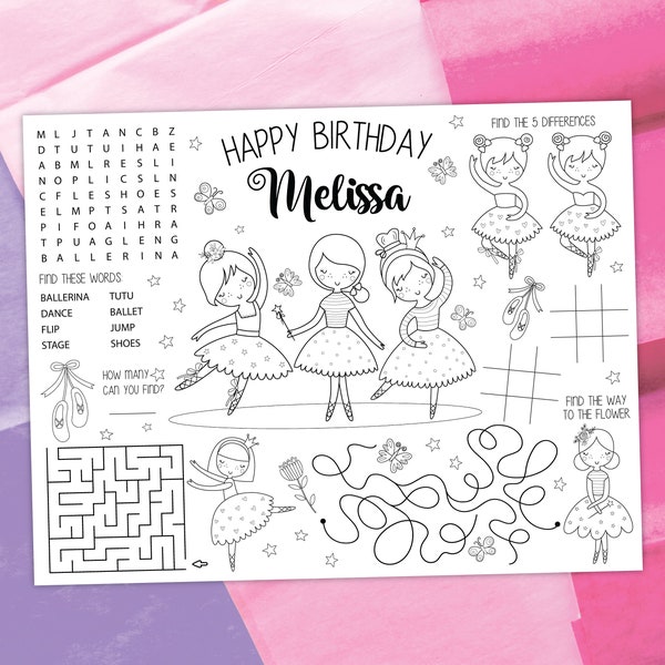 Ballerina Coloring Placemat DIGITAL | Ballet Party Activity | Kids Coloring Page | EDITABLE Printable File Download A115