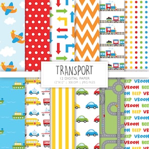 Transportmittel Digitales Papier | Transport Hintergrundmuster | Fahrzeuge Scrapbook Seiten | Druckbare Datei | Sofortdownload A112