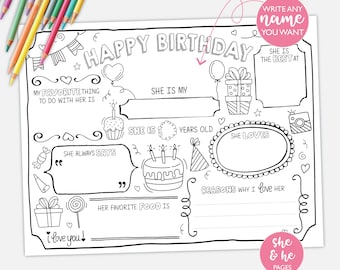 All About Happy Birthday Coloring Page DIGITAL | All About Fill In Sheet | Birthday Card Activity Printable File | Instant Download