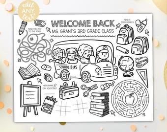 Back to School Coloring Placemat DIGITAL | First Day of School Activity Sheet | Kids Coloring Page | EDITABLE Printable File Download