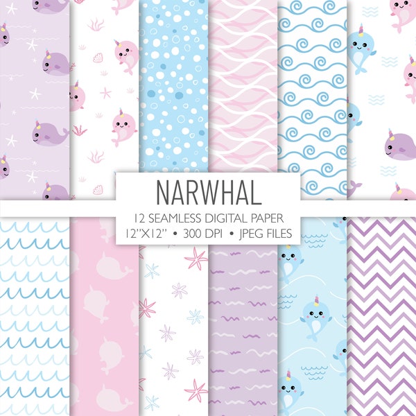 Narwhal Seamless Digital Paper | Underwater Background Pattern | Scrapbook Pages | Printable File | Instant Download A106