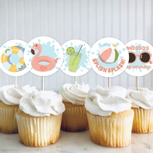 May include: A set of six cupcake toppers featuring a flamingo float, a life preserver, a glass of lemonade, a beach ball, sunglasses, and the text "Splish Splash! Melissa's 1st birthday!"