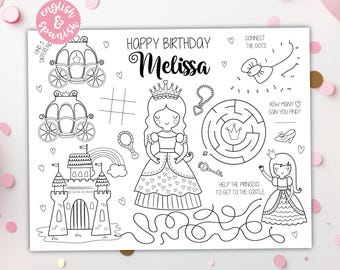Princess Coloring Placemat DIGITAL | Fairytale Party Activity | Kids Coloring Page | EDITABLE Printable File Download