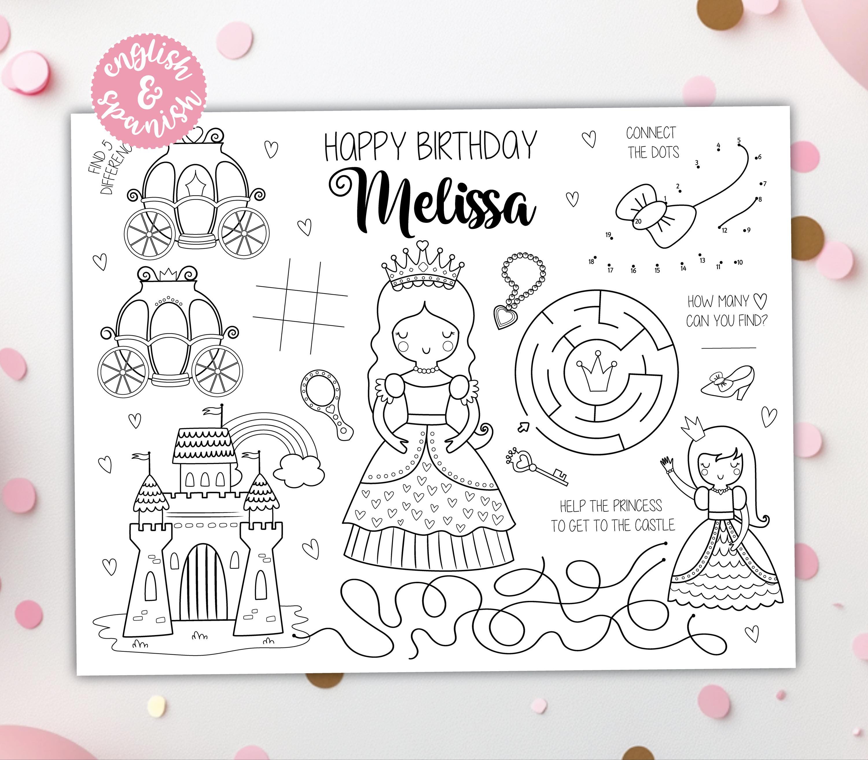 Princess Coloring Placemat DIGITAL Fairytale Party Activity Kids…