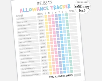 Allowance Tracker for Kids DIGITAL | Weekly Money Reward | Kids Chore Chart Page | EDITABLE Printable File Download F101