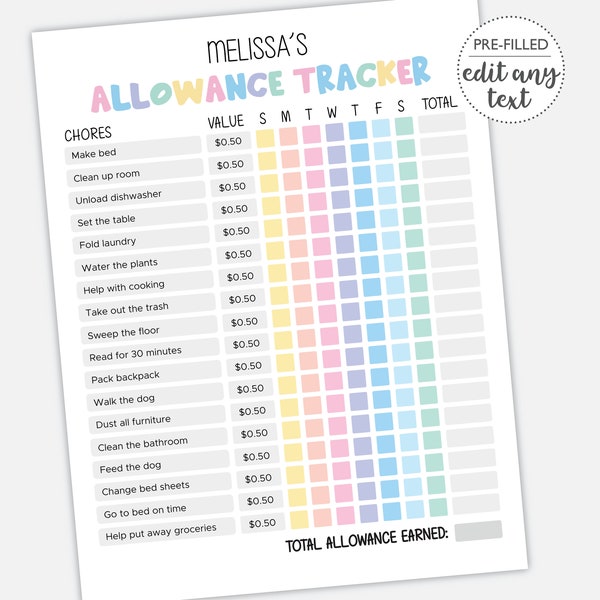 Allowance Tracker for Kids DIGITAL | Weekly Money Reward | Kids Chore Chart Page | EDITABLE Printable File Download F101