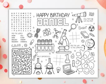 Science Coloring Placemat DIGITAL | Party Activity | Kids Coloring Page | EDITABLE Printable File Download