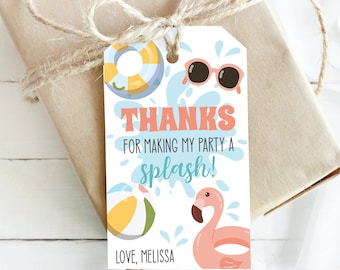 May include: A white thank you tag with blue and pink accents. It features a life preserver, sunglasses, a beach ball, and a flamingo float. The text reads "Thanks for making my party a splash! Love, Melissa".