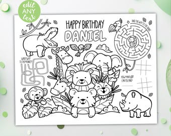 Safari Coloring Placemat DIGITAL | Wild Animals Party Activity Sheet | Kids Coloring Page | EDITABLE Printable File Download