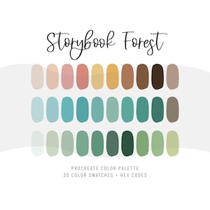 Puede incluir: Una paleta de colores Procreate titulada "Storybook Forest" con 30 muestras de color. La fila superior incluye tonos beige, rosa y marrón. La fila del medio tiene azules y verdes, y la fila inferior tiene varios tonos de verde.