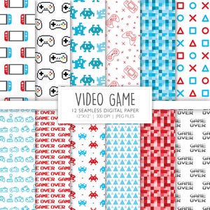 ビデオゲームシームレスデジタルペーパー | 赤と青のゲーマー背景パターン | スクラップブックページ | 印刷可能なファイル | 即時ダウンロード A127